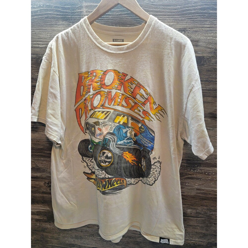 Hot Wheels Broken Promises Men's XL Beige Double-Sided Graphic Tee Short Sleeve